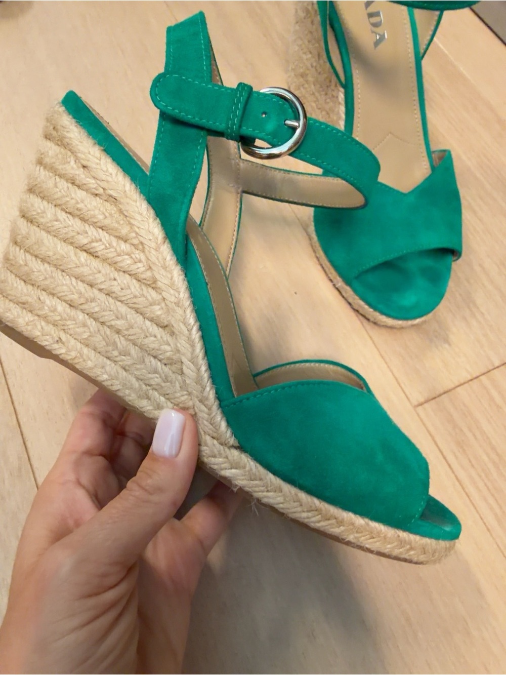 Prada Emerald Green Suede Espadrille Wedge Sandals Size 39 - Picture 2 of 6